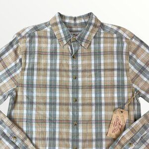 NWT Madda Fella Brand Plaid Poplin Tan Multicolor Button Up Long Sleeve Shirt S